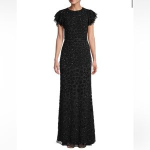 MacDuggal Floral Embroidery Flutter Sleeve Black Sequin Floor Length Gown Sz 16